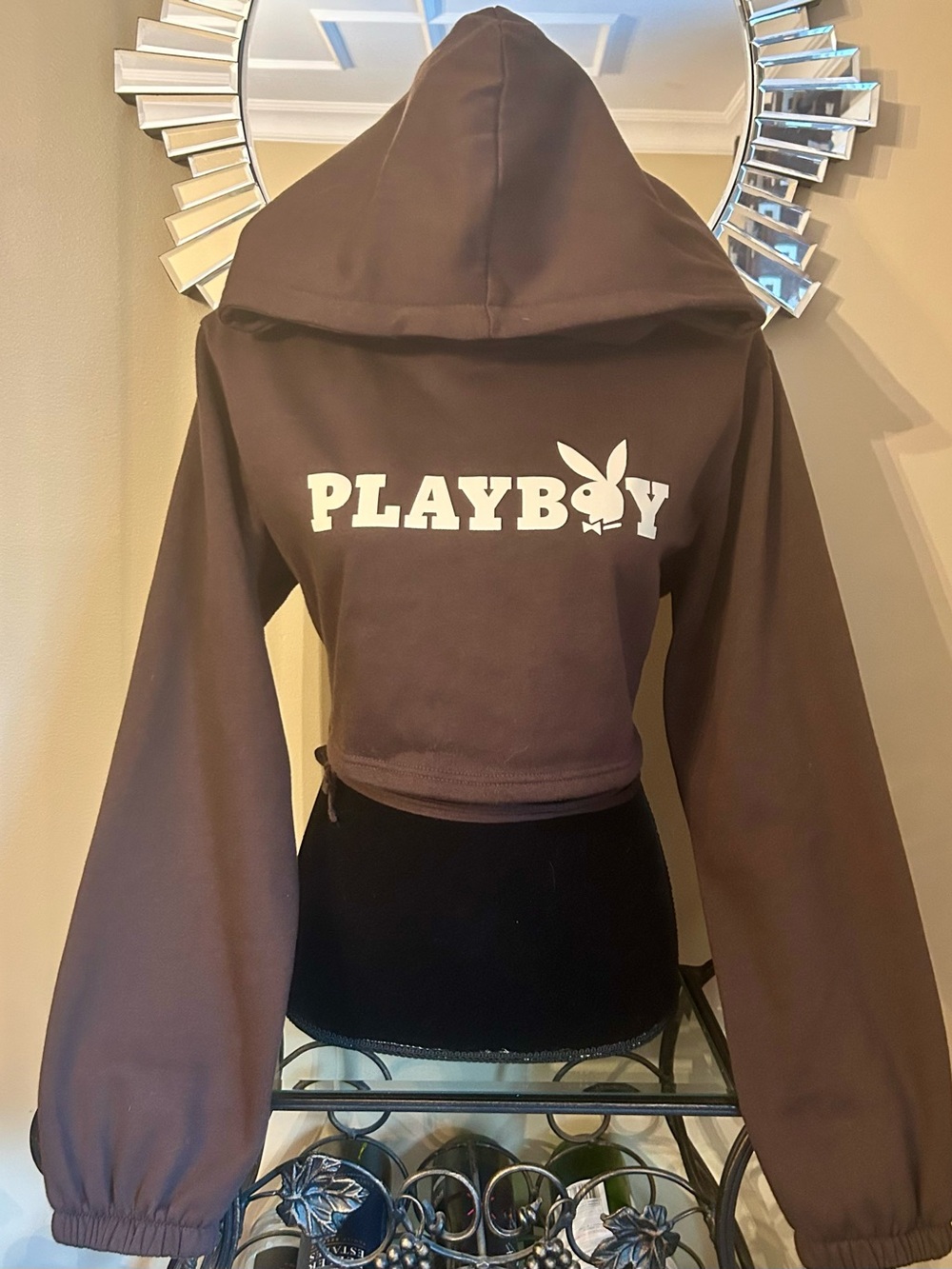 PLAYBOY Brown Cropped Logo Hoodie